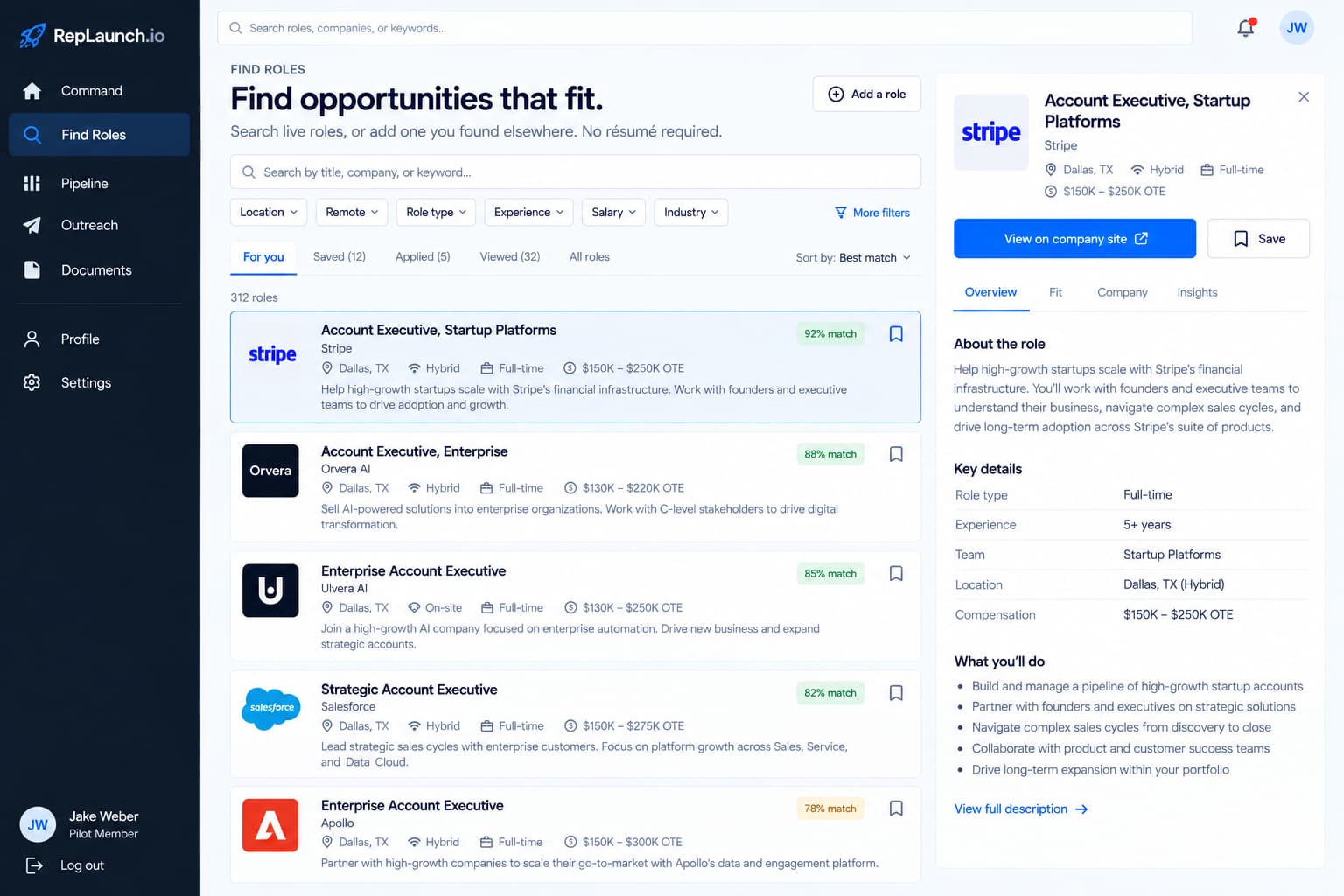 RepLaunch Find Roles dashboard
